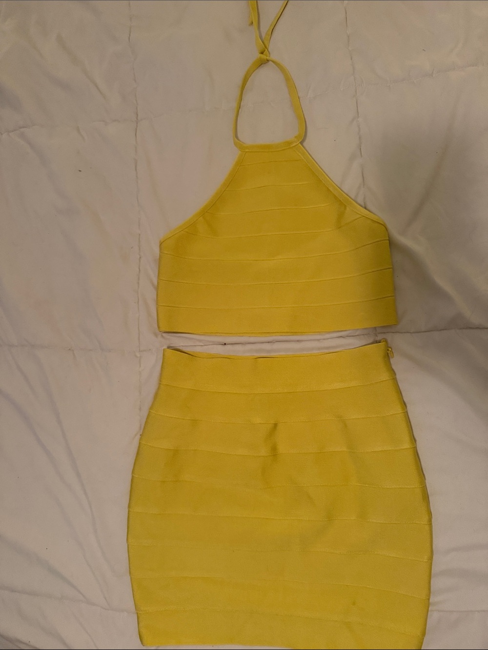 Herve Leger Bright Yellow Halter Crop Top & Mini Skirt Set